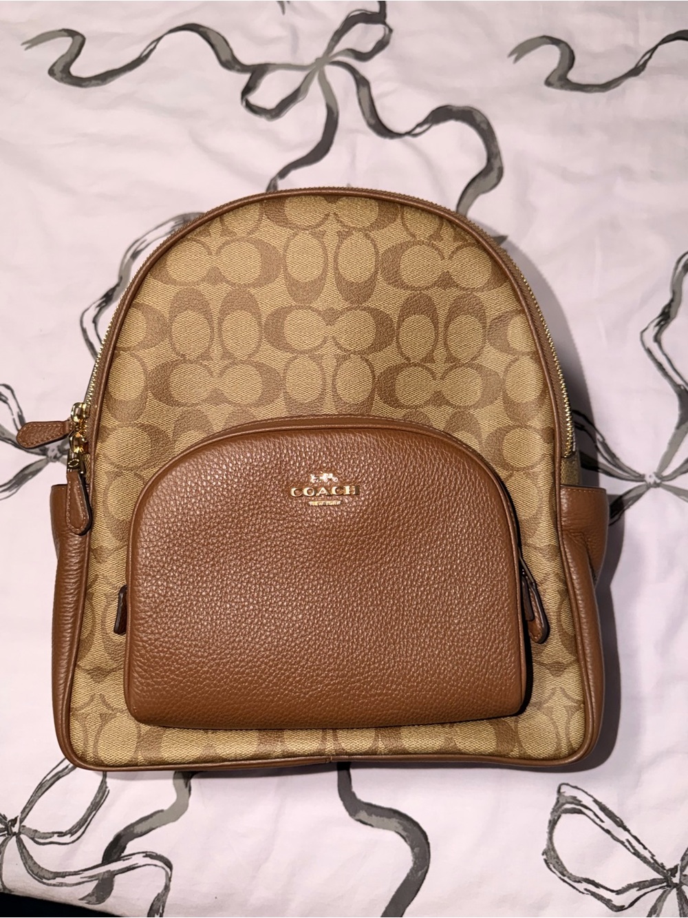 Coach Tan Signature Canvas Backpack with Leather Pocket